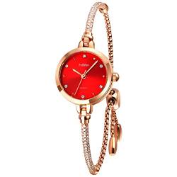 FeiWen Fashion Damenuhr Analog Quarz Uhren Edelstahl Kristallarmband Armbanduhren (Rot) von FeiWen