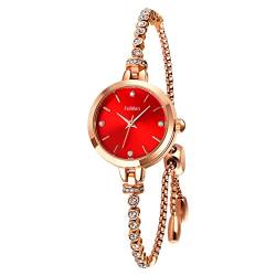 FeiWen Fashion Damenuhr Kristallarmband Analog Quarz Edelstahl Uhren Mädchen Armbanduhren (Rot) von FeiWen