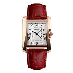 FeiWen Fashion Damenuhr Luxuriös Golden Eckig Edelstahl Wählscheiben mit Rot Leder Band Casual Elegant Analog Quarz Business Armbanduhren von FeiWen