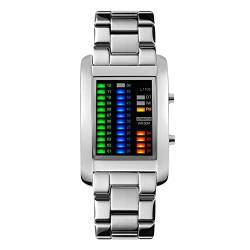 FeiWen Fashion Einzigartig Binary Uhren Mehrfarbig LED Licht Digital Sport Elegant Rechteck Edelstahl Armbanduhren 50M Wasserdicht Damenuhr Herrenuhr, Silber von FeiWen