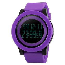 FeiWen Fashion Groß Damen Digital Sport Uhren 52mm Plastik Wählscheiben mit Kautschuk Band Outdoor Sport 50M Wasserdicht Armbanduhren, Violett von FeiWen