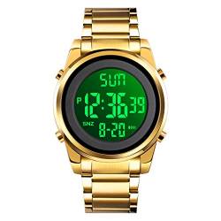 FeiWen Fashion Herren Edelstahl Digital Uhren LED Elektronik Countdown Alarm Stoppuhr Outdoor Militär Sportuhr Doppel Zeit Multifunktional Armbanduhr (Golden) von FeiWen