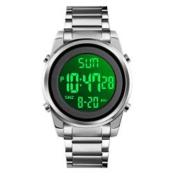 FeiWen Fashion Herren Edelstahl Digital Uhren LED Elektronik Countdown Alarm Stoppuhr Outdoor Militär Sportuhr Doppel Zeit Multifunktional Armbanduhr (Silbrig) von FeiWen