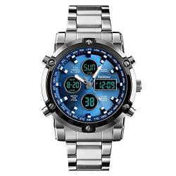 FeiWen Fashion Herren Multifunktional Edelstahl Digital Uhren LED Analog Quarz DREI Zeit Casual Sport Armbanduhren Beleuchtung Alarm Countdown (Blau) von FeiWen