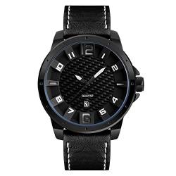 FeiWen Fashion Herrenuhr Schwarz Edelstahl Wählscheiben mit Leder Band Uhren Casual Analog Quarz Business Uhren Kalender, Schwarz von FeiWen