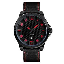 FeiWen Fashion Herrenuhr Schwarz Edelstahl Wählscheiben mit Leder Band Uhren Casual Analog Quarz Business Uhren Kalender (Rot) von FeiWen