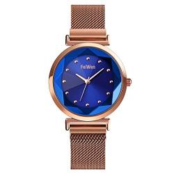 FeiWen Fashion Luxus Damenuhr Edelstahl Analog Quarz Polygonale Kristalle Uhren Elegant Armbanduhren (Blauer Netzgürtel) von FeiWen