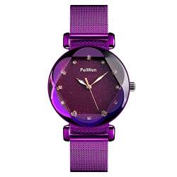 FeiWen Fashion Luxus Damenuhr Edelstahl Analog Quarz Uhren Elegant Casual Kristall Stern Armbanduhren Geschäft Kleidung Stil (Violett) von FeiWen