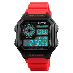 FeiWen Fashion Multifunktional Unisex Digital Uhren 50M Wasserdicht LED Outdoor Militär Plastik Wählscheiben mit Kautschuk Band Sport Armbanduhren, Rot von FeiWen