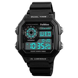 FeiWen Fashion Multifunktional Unisex Digital Uhren 50M Wasserdicht LED Outdoor Militär Plastik Wählscheiben mit Kautschuk Band Sport Armbanduhren, Schwarz von FeiWen