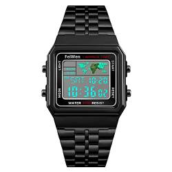 FeiWen Fashion Unisex Sprot Digital Outdoor Multifunktional Plastik Uhren mit Edelstahl Band LED Beleuchtung Alarm Damen und Herren Armbanduhren, Schwarz von FeiWen