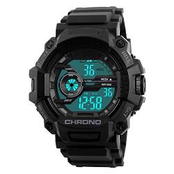 FeiWen Große Herren Digital Uhren 50M Wasserdicht Einfach Plastik Schale mit Kautschuk Band Outdoor Sport Militär Jugend LED Multifunktional Armbanduhren, Schwarz von FeiWen