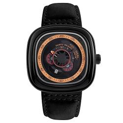 FeiWen Herren Edelstahl Lünetten mit Leder Band Uhren Fashion Casual Analog Quarz Armbanduhr Datum (Schwarz) von FeiWen
