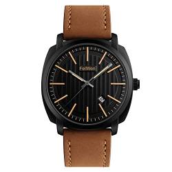 FeiWen Herren Einfach Fashion Analog Quarz Uhren Casual Edelstahl Jugend Armbanduhren mit Leder Band Kalender, Braun von FeiWen