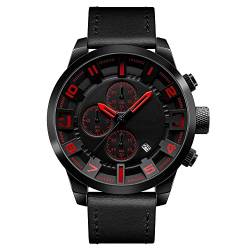 FeiWen Herren Fashion Analog Quarz Uhren Edelstahl Wählscheiben mit Leder Band Casual Armbanduhren Datum Stoppuhr, Rot von FeiWen