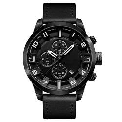 FeiWen Herren Fashion Analog Quarz Uhren Edelstahl Wählscheiben mit Leder Band Casual Armbanduhren Datum Stoppuhr, Schwarz von FeiWen