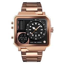 FeiWen Herren Fashion Herrenuhr Analog Quarz Digital Sport Casual Uhren Eckig Edelstahl Wählen Analog Quarz LED Doppel Zeit Multifunktional Armbanduhren mit Edelstahlband (Rosa) von FeiWen