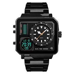 FeiWen Herren Luxus Fashion Herrenuhr Analog Quarz Digital Sport Casual Uhren Eckig Edelstahl Wählen Analog Quarz LED Doppel Zeit Multifunktional Armbanduhren mit Edelstahlband (Schwarz) von FeiWen