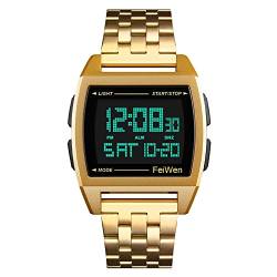 FeiWen Herren Multifunktional Digitale Uhren Plastik Wählscheiben mit Edelstahl Band LED Doppelte Zeit Sport Armbanduhren (Gold) von FeiWen