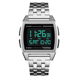 FeiWen Herren Multifunktional Digitale Uhren Plastik Wählscheiben mit Edelstahl Band LED Doppelte Zeit Sport Armbanduhren (Silber) von FeiWen