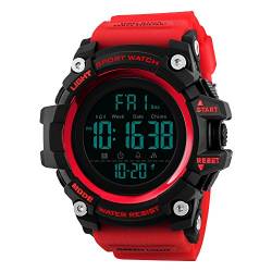 FeiWen Herren Multifunktional Wasserdicht Uhren Outdoor Sport Digital Militär LED Doppelte Zeit Armbanduhren Plastik Wählscheiben mit Kautschuk Band Alarm Countdown Stoppuhr (Rot) von FeiWen