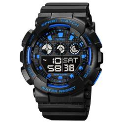 FeiWen Herren Multifunktional Wasserdicht Uhren Plastik Wählscheiben mit Kautschuk Band Outdoor Militär Sport Digital Armbanduhren (Blau) von FeiWen