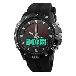 FeiWen Herren Outdoor Solar Digital Uhren Edelstahl Wählscheiben mit Kautschuk Band 50M Wasserdicht Analog Quarz LED Doppelte Zeit Multifunktional Sport Armbanduhren, Schwarz von FeiWen