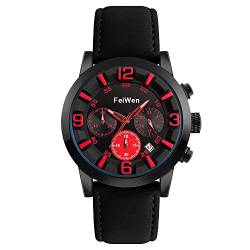 FeiWen Herren Outdoor Sort Uhren Edelstahl Lünetten mit Leder Band Stoppuhr Kalender Casual Fashion Analog Quarz Armbanduhren (Rot) von FeiWen