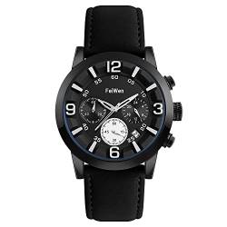 FeiWen Herren Outdoor Sort Uhren Edelstahl Lünetten mit Leder Band Stoppuhr Kalender Casual Fashion Analog Quarz Armbanduhren (Schwarz) von FeiWen