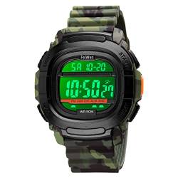 FeiWen Herren Sport Uhren Digitale Multifunktional Outdoor Militär Plastik Armbanduhr mit Kautschuk Band Elektronik Stoppuhr Doppel Zeit (Grüne Tarnung) von FeiWen