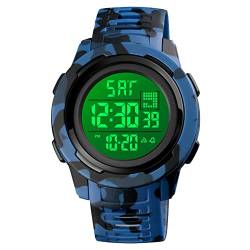 FeiWen Herren und Damen Multifunktional Uhren Wasserdicht Plastik Wählscheiben mit Kautschuk Band Outdoor Militär Fashion Sport Digital Armbanduhren (Blaue Tarnung) von FeiWen