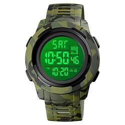 FeiWen Herren und Damen Multifunktional Uhren Wasserdicht Plastik Wählscheiben mit Kautschuk Band Outdoor Militär Fashion Sport Digital Armbanduhren (Grüne Tarnung) von FeiWen