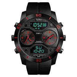 FeiWen Herrenuhr Fashion Digitaluhr Sportuhr 50M Wasserdicht Analog Quarz LED Elektronik DREI Zeit Uhren Outdoor Militär Multifunktional Armbanduhr Alarm Stoppuhr Kalender (Rot) von FeiWen