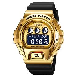 FeiWen Herrenuhr Multifunktiona Sportuhr LED Digitaluhr Outdoor Wasserdicht Militär Elektronik Uhren Plastik Wählscheiben mit Kautschuk Band (Gold) von FeiWen