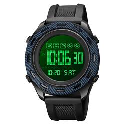 FeiWen Herrenuhr Multifunktional Digitaluhr Outdoor Militär Sport Armbanduhren LED Doppelte Zeit Plastik Wählscheiben mit Kautschuk Band Wasserdicht (Schwarz Blau) von FeiWen