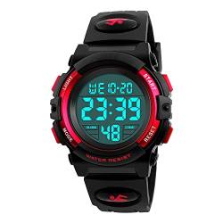 FeiWen Multifunktiona Damen Sport Uhren LED Digital Anzeige Outdoor Armbanduhren 50M Wasserdicht Plastik Wählscheiben mit Kautschuk Band, Rot von FeiWen