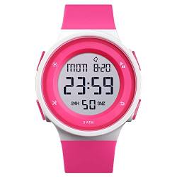 FeiWen Multifunktional Digital Uhren für Damen Junge und Mädchen 50M Wasserdicht LED Doppelte Zeit Outdoor Sport Digital Militär Armbanduhren Plastik Wählscheiben mit Kautschuk Band, Rot von FeiWen