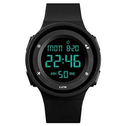 FeiWen Multifunktional Digital Uhren für Damen Junge und Mädchen 50M Wasserdicht LED Doppelte Zeit Outdoor Sport Digital Militär Armbanduhren Plastik Wählscheiben mit Kautschuk Band, Schwarz von FeiWen