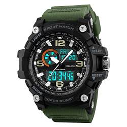 FeiWen Multifunktional Herren und Jugend Digitale Uhren 50M Wasserdicht LED Analog Quarz DREI Zeit Schwarz Plastik Wählscheiben mit Grün Kautschuk Band Sportuhr Outdoor Militär Armbanduhren von FeiWen