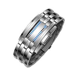 FeiWen Unisex Binär Digitale Silber Edelstahl Uhren Fashion Casual Stil Eckig Zifferblatt Blau LED Licht Einzigartig Armbanduhren Kalender Sportuhr, Damen von FeiWen