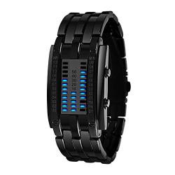 FeiWen Unisex Binär Digitale Uhren Schwarz Edelstahl Fashion Casual Stil Eckig Zifferblatt Blau LED Licht Einzigartig Armbanduhren Kalender, Damen von FeiWen