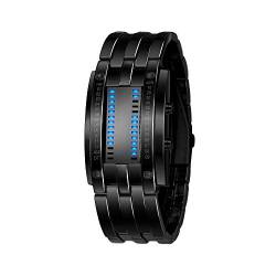 FeiWen Unisex Binär Digitale Uhren Schwarz Edelstahl Fashion Casual Stil Eckig Zifferblatt Blau LED Licht Einzigartig Armbanduhren Kalender, Herren von FeiWen