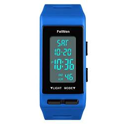 FeiWen Unisex Digital Uhren Outdoor Sport Multifunktional Rechteck Plastik Herren und Damen Armbanduhren mit Kautschuk Band LED Doppelte Zeit Alarm Countdown, Blau von FeiWen