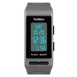 FeiWen Unisex Digital Uhren Outdoor Sport Multifunktional Rechteck Plastik Herren und Damen Armbanduhren mit Kautschuk Band LED Doppelte Zeit Alarm Countdown, Grau von FeiWen