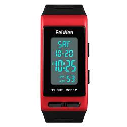 FeiWen Unisex Digital Uhren Outdoor Sport Multifunktional Rechteck Plastik Herren und Damen Armbanduhren mit Kautschuk Band LED Doppelte Zeit Alarm Countdown, Rot von FeiWen