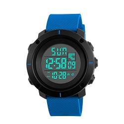 FeiWen Unisex Fashion Multifunktional Uhren LED Digital Doppelte Zeit Outdoor Sportuhr 50M Wasserdicht Schwarz Plastik Wählscheiben mit Blau Kautschuk Band Armbanduhren von FeiWen