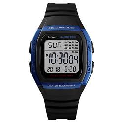 FeiWen Unisex Fashion Sport Digital Uhren Outdoor Multifunktional 50M Wasserdicht Militär Damen und Jugend Platz Plastik Armbanduhren mit Kautschuk Band LED Doppelte Zeit, Blau von FeiWen