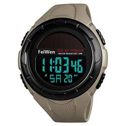 FeiWen Unisex Multifunktional Outdoor Sport Digital Solar Uhren Plastik Wählscheiben mit Kautschuk Band 50M Wasserdicht Armbanduhren LED Licht Stoppuhr Kalender (Gelb) von FeiWen