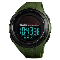 FeiWen Unisex Multifunktional Outdoor Sport Digital Solar Uhren Plastik Wählscheiben mit Kautschuk Band 50M Wasserdicht Armbanduhren LED Licht Stoppuhr Kalender (Grün) von FeiWen