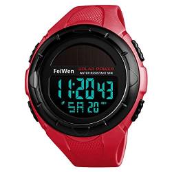 FeiWen Unisex Multifunktional Outdoor Sport Digital Solar Uhren Plastik Wählscheiben mit Kautschuk Band 50M Wasserdicht Armbanduhren LED Licht Stoppuhr Kalender (Rot) von FeiWen